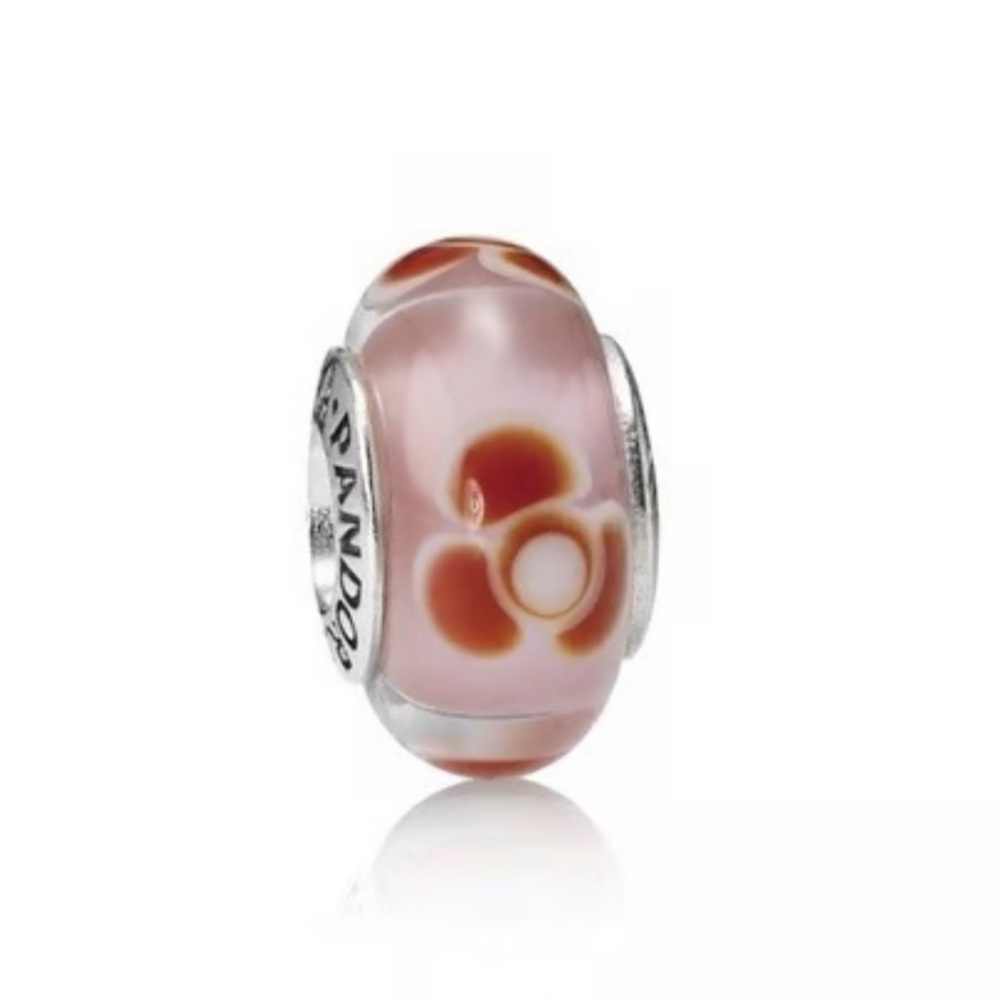 Authentic Pandora Retired Pink/Red Flowers For You Murano Glass Charm 925Ale